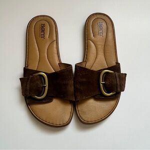 Born Women's Dark Brown suede Buckle Sandals with cushion slides